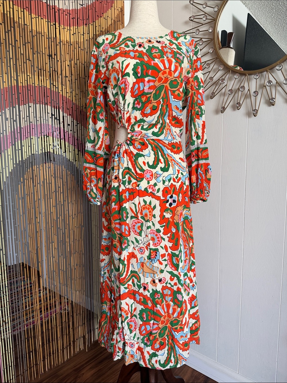 ba&sh Orange, Green & Cream Long Sleeve Floral Cutout Maxi Dress